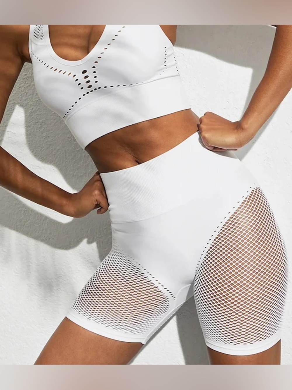 Alo Seamless White “Limitless Open Air” Sports Bralette & High-Waist Shorts Set